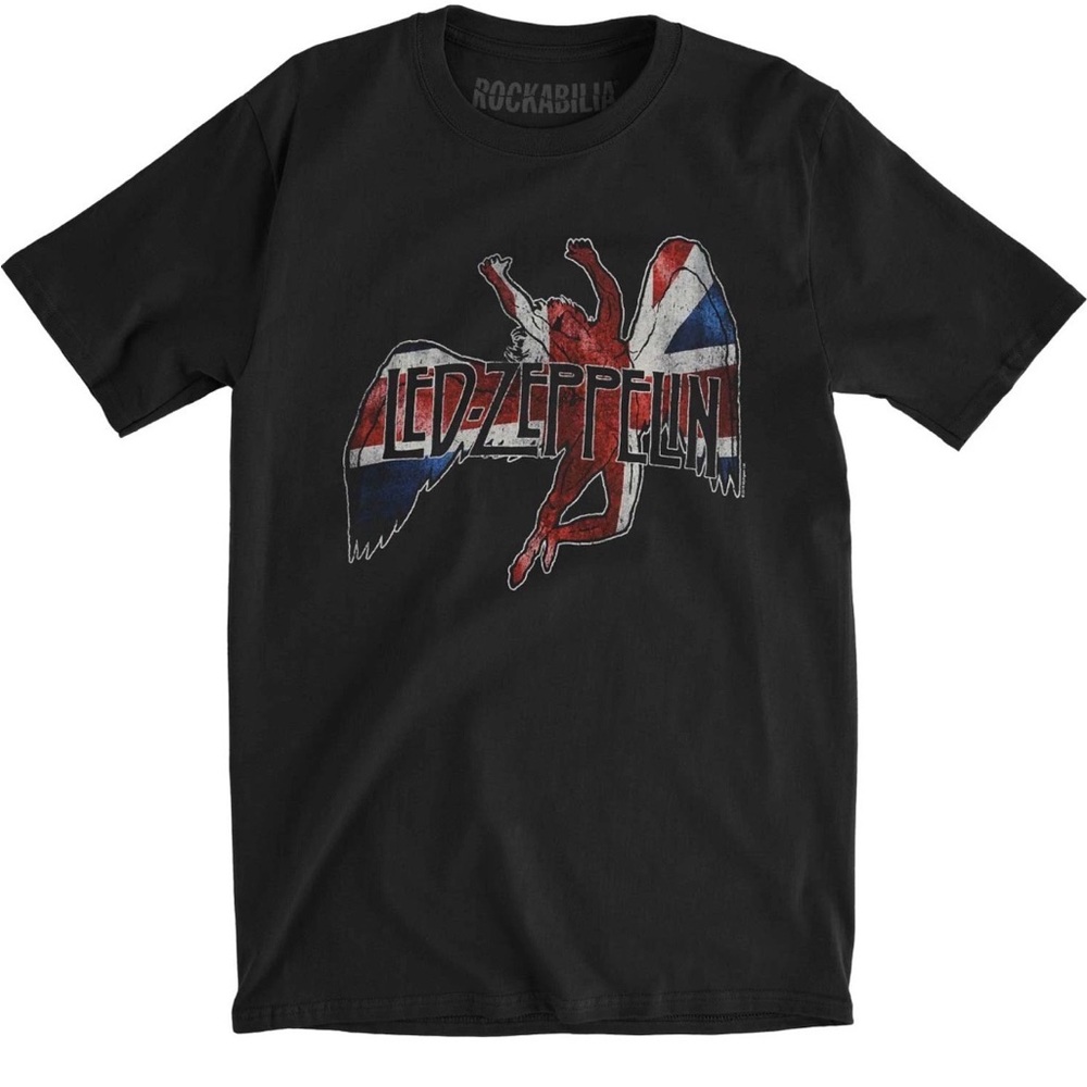 Led Zeppelin Black 100% Cotton Icarus Union Jack British Flag Rock Size Medium